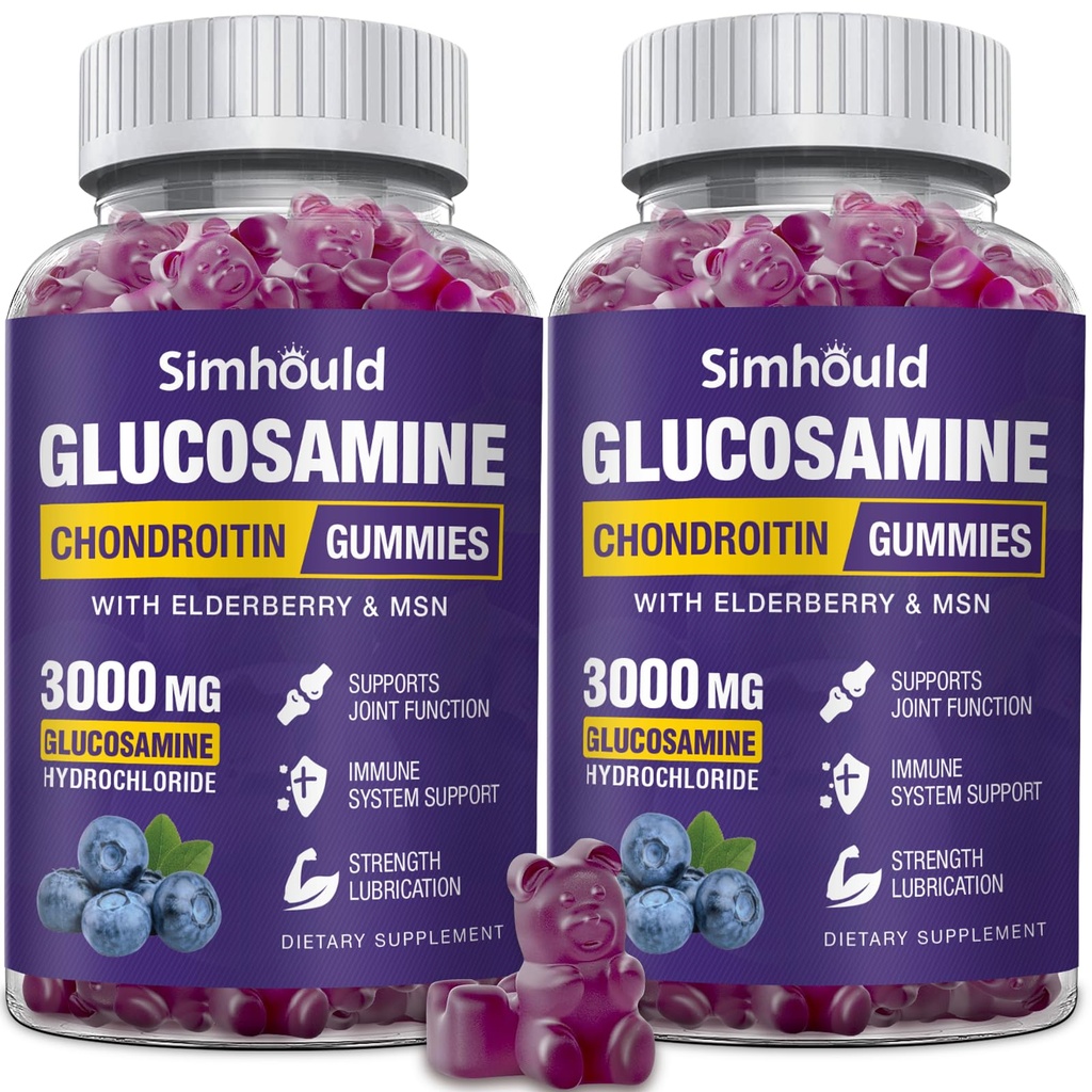 2 Pakker Glukosamine Chondroitin Gummies - 3000MG ekstra styrke felles støtte Supplement med MSM & Elderberry, Fleksibilitet, Antioksidant immun støtte Gummi for voksne, menn og kvinner