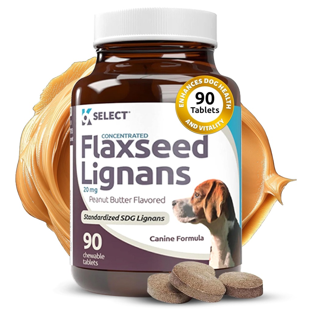 K9 Velg Konsentrert Flaksfrø Lignaner for hunder, 20 mg 90 tabletter, Peanut Smør Flavored Chewable, Impove Coat