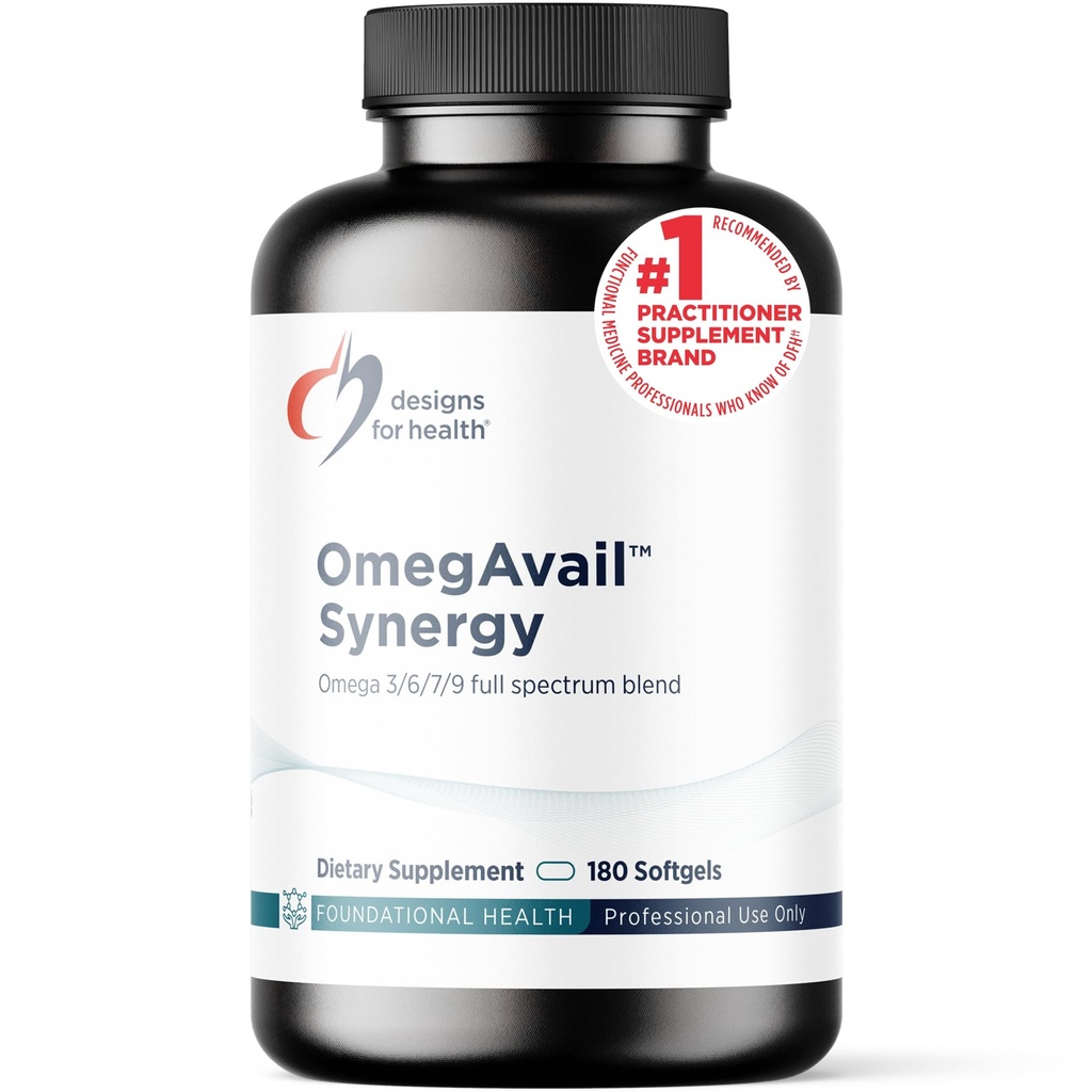 Designs for Helse OmegAvail Synergy - Omega Complex for voksne - Omega 3-6-7-9 Fettsyrer fra borage og Macadamia olje + triglycerid (TG) Fiskeolje med DHA & EPA (180 Softgels)