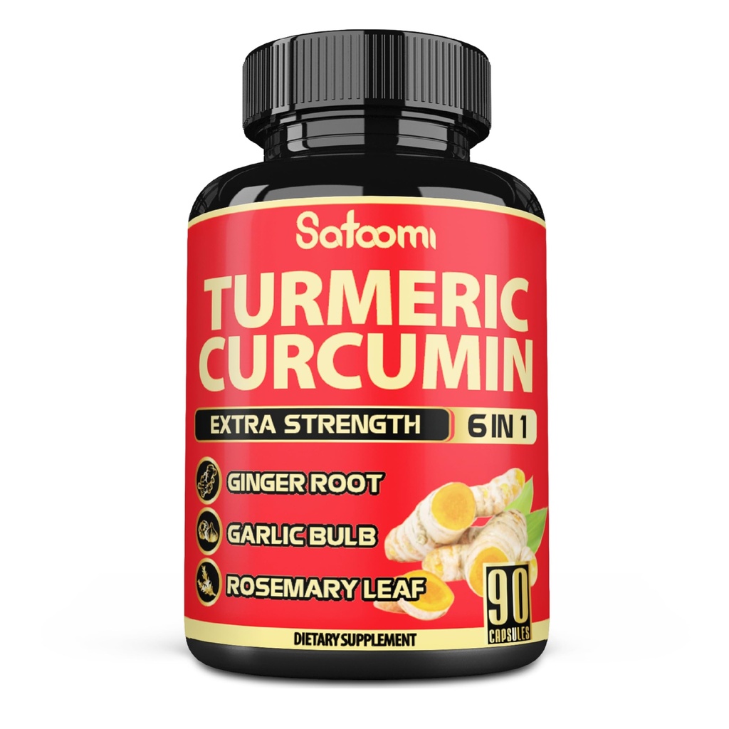 Satoomi 6in1 Turmeric Curcumin Supplement - 3 måneders forsyning - 95% Curcuminoids med Ginger Root, hvitløk bulb, Rosemary & Black Pepper - 90 kapsler