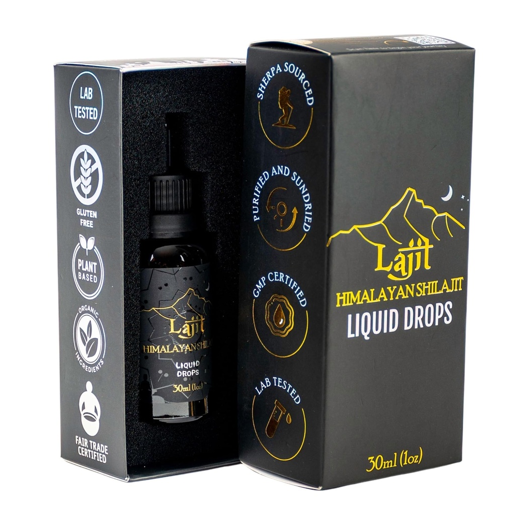 Lajit Gold Grade Himalayan Shilajit flytende dråper - organiske, sol-Dried - Biotilgjengelige næringsstoffer - Fulvic Acid, 85+ Spor Mineraler – Lab testet for menn og kvinner – naturlig energi, immunitet, styrke– 30ml