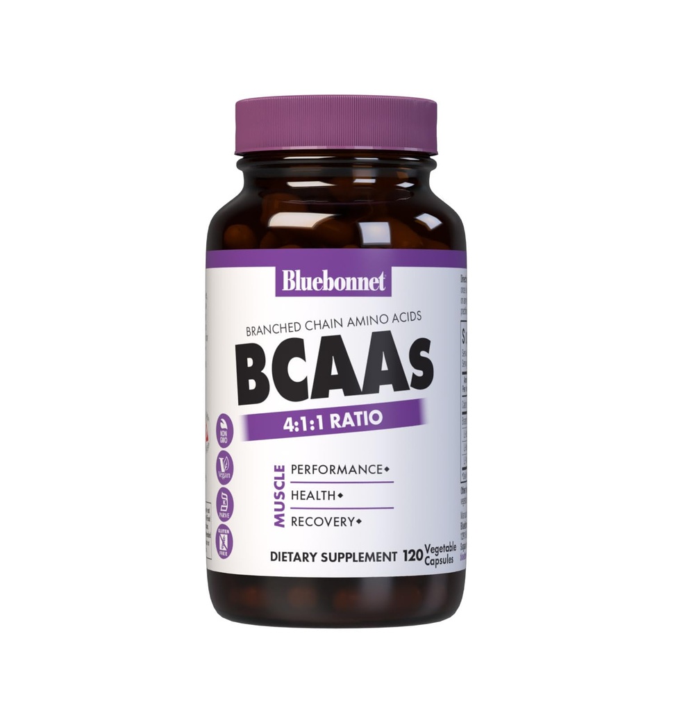 Blåbonnet Ernæring BCAAs 4:1:1 Forhold, Muskelytelse*, Muskelhelse*, Muskelreparasjon*, Ikke-GMO, Vegan, Kosher Certified, Glutenfri, Soya-fri, Dairy-Free, 120 Grønnsaker Kapsler, 30 Services