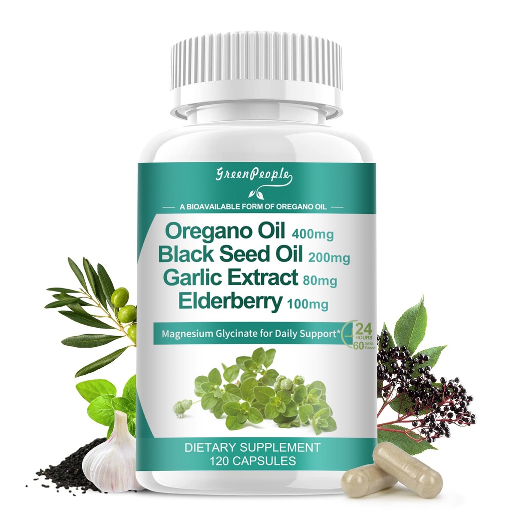 Organiske Oregano oljekapsler – 11-i-1 Blande med svart frøolje, eldrebær, hvitløk, olivenblad– magnesium og svart pepper for absorpsjon – immune, åndedrett og digestiv – vegansk, ikke-GMO, 120 Ct