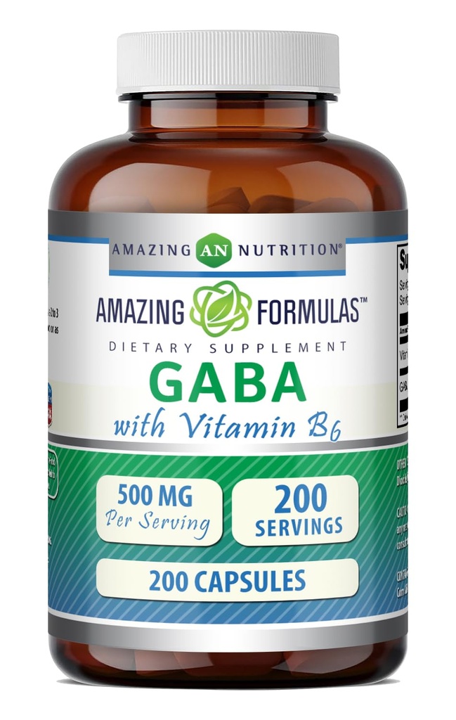 Amazing Formler GABA med vitamin B6 Supplement | 500 Mg Per Serving | 200 kapsler | Ikke-GMO | Glutenfri | laget i USA