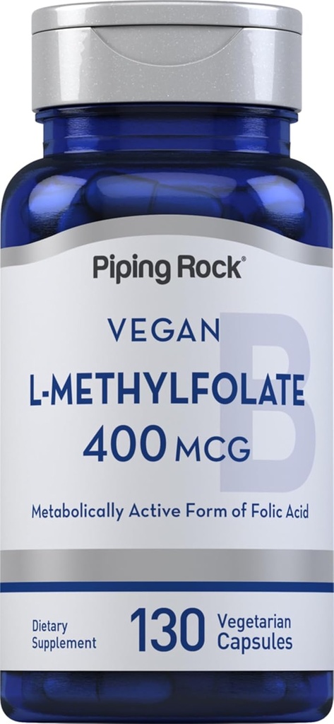 Piping Rock L MetylFolat Supplement | 400 mcg | 130 Kapsler | Vegetarisk, Vegansk | Ikke-GMO, Glutenfri