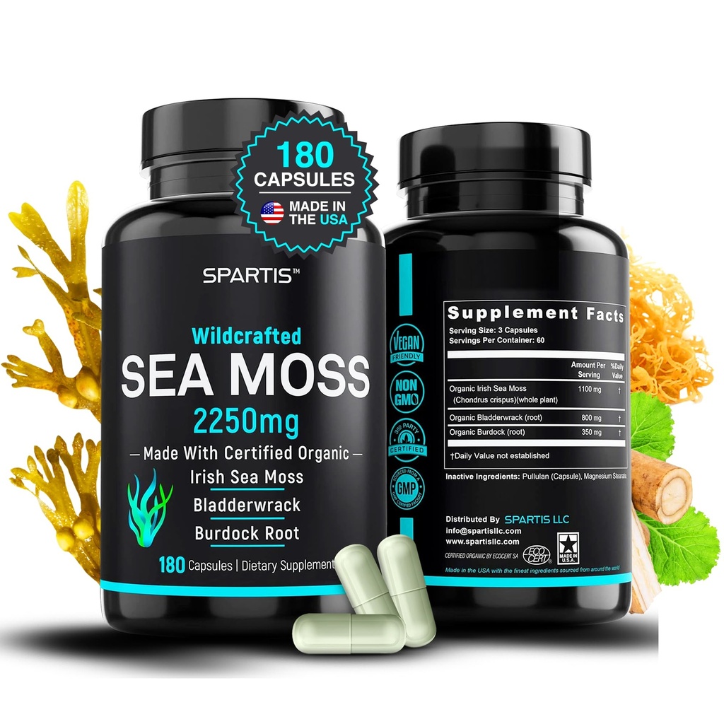 Certified Organic Sea Moss Capsules 2250mg Wildcraft Irish Sea Moss Burdock Root Bladderwrack Supplement Raw Seamoss piller og pulver (pakke med 1 ved 180-kapsler)