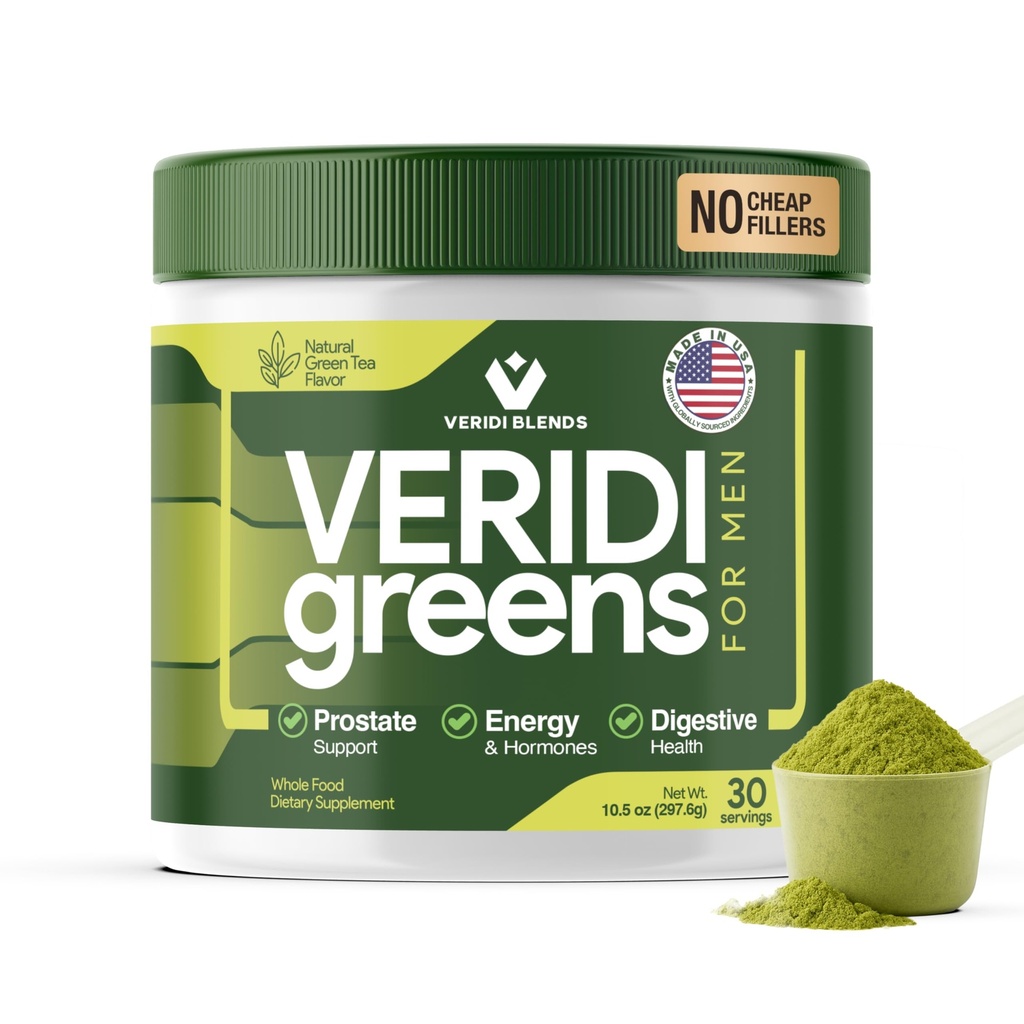 Veridi Greens for menn 40+ | Daglig supermat Grønn pulver for prostata helse, hormon og energi støtte | Premium USA blanding med spirulina, så Palmetto, sink & enzymer