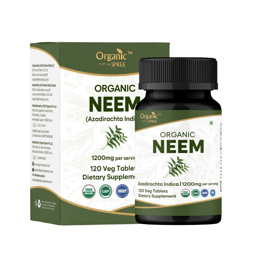Neem 120 Tabletter | Azadirachta Indica (Neem) | USDA Økologisk sertifisert | Sunn hud og detox | Kosttilskudd - 120tab