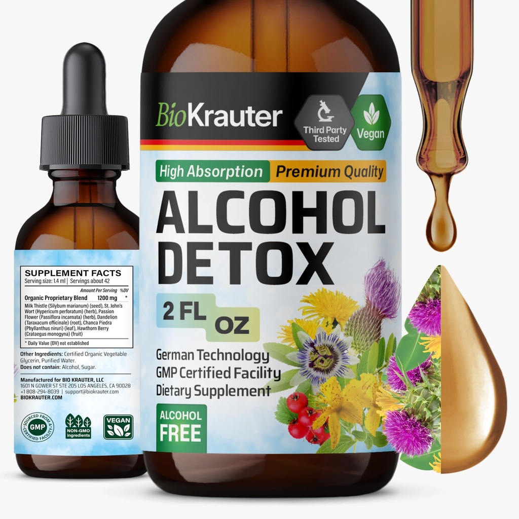 BIO KRAUTER Alkohol Detox Tinktur - Liver Cleanse & Detox Formula - Melk Thistle & Dandelion - Liver Support Liquid Extract - Alkohol og sukker gratis - Vegan Drops 2 Fl.Oz.