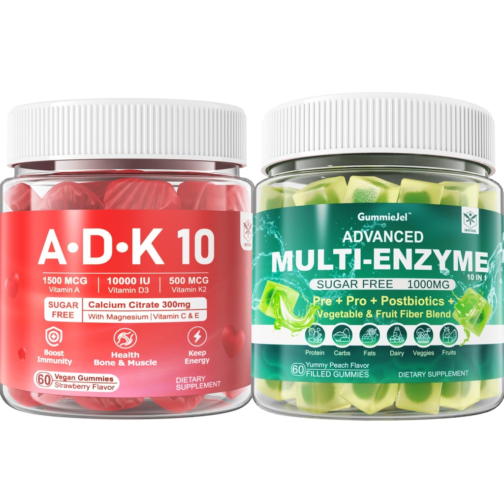 Digestive enzymer Gummies 1000 mg Chewable - Bryt ned mat raskt, 90 milliarder CFU, probiotiske, postbiotiske, prebiotiske og fiber blanding & vitamin ADK Gummies + kalsium magnesium Sink Supplement