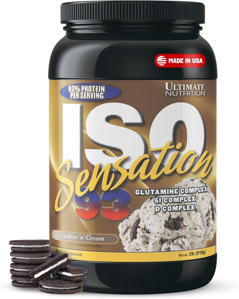 Ultimate Nutrition Whey Protein Isolere pulver med Glutamin Complex, ISO Sensation 93 - Whey Protein Powder med tilsatt kolostrum for forbedret gjenoppretting, immunitet og Gut helse - Cookies N Cream, 2lbs