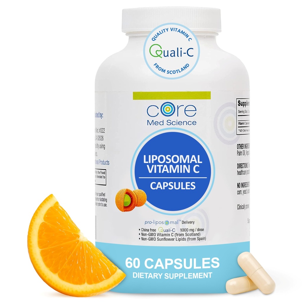 Core Med Science Liposomal vitamin C 1000mg, 60 kapsler - Ikke-GMO Naturlig Liposomal vitamin C Supplement som fremmer sunn hud - Immunsystem Booster for voksne, støtter kollagenformasjon