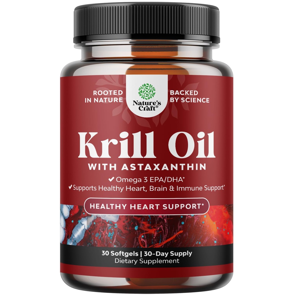 Krill Omega 3 Fish Oil Softgels - Konsentrert krill EPA & DHA Fish Oil Omega 3 Supplement for kvinner og menn for immunstøtte, sunn hjerne og hjerte helse - Burpless Fatty Acids Supplement - 30 Teller