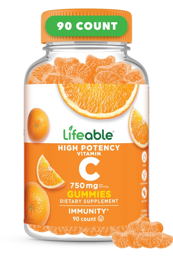 Livlig vitamin C Gummier for voksne | | | Flott Tasting Orange Flavor VIT C | Vegansk ikke GMO Vitamin C Chewable | for immunstøtte | 90 Gummies