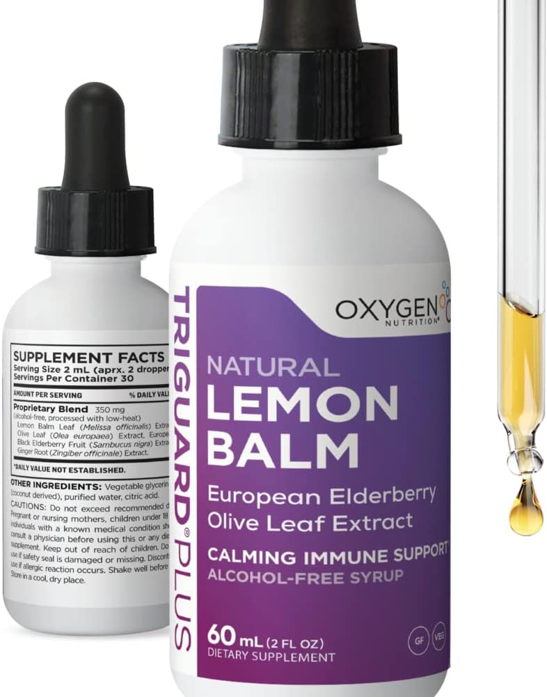 TriGuard Lemon Balm Plus - Lemon Balm Extract, Eldrebær, Olive Leaf Extract Tinkture 2 fl oz | For beroligende, Stress Relief, Immun støtte og inflammasjon | alkoholfri, ikke-GMO, laget i USA