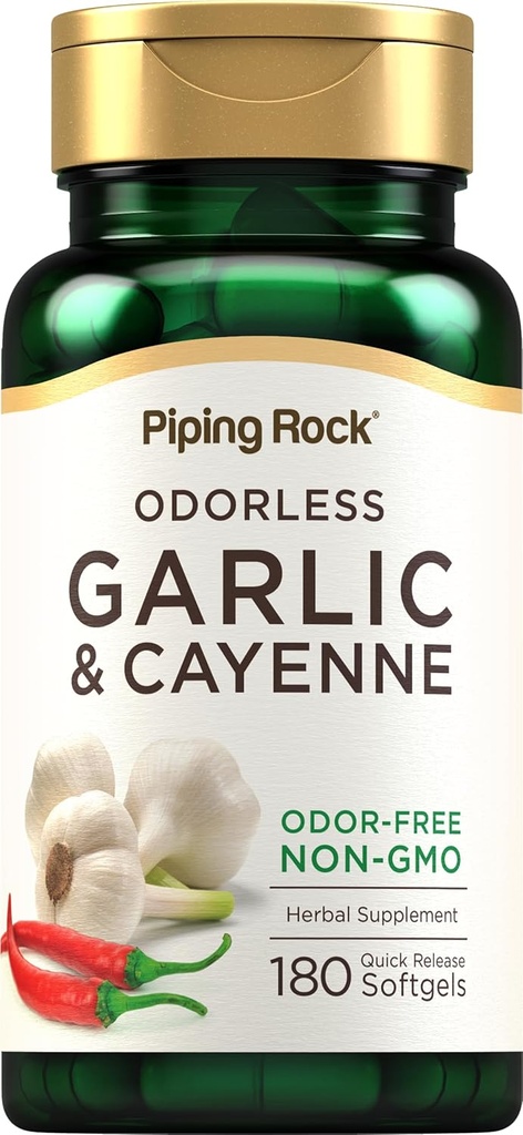 Piping Rock Odorless hvitløk Softgels | 180 Softgels | Supplement med Cayenne ekstrakt | Allium Sativum | Ikke-GMO, Glutenfri