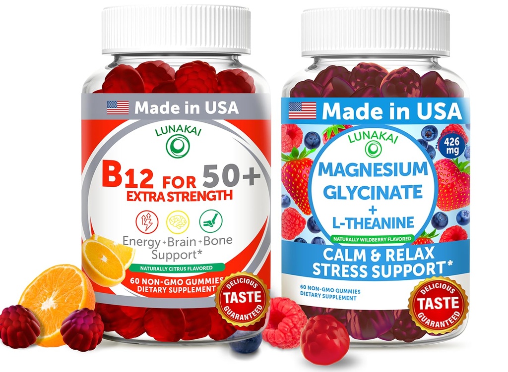 Lunakai USA laget vitamin B12 for voksne 50+ og magnesiumglykinat gummier Bundle, støtter energi, humør, avslapning og stress relief, ikke-GMO, vegansk, 60ct hver