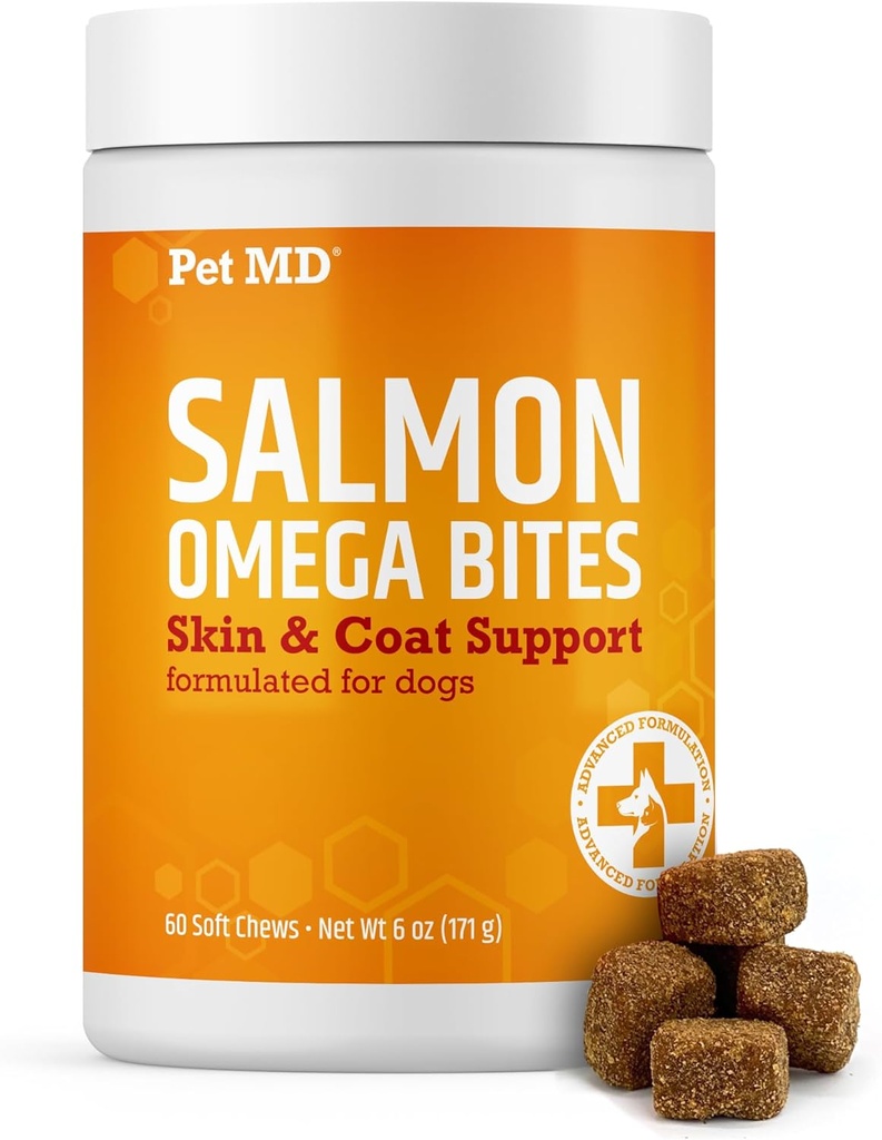 Kjæledyr MD Salmon Omega Bites for hunder - Hud og Coat Supplement med Omega 3 & 6 for hunder Plus DHA & EPA - fremmer allergi og tørr hud relief - 60ct