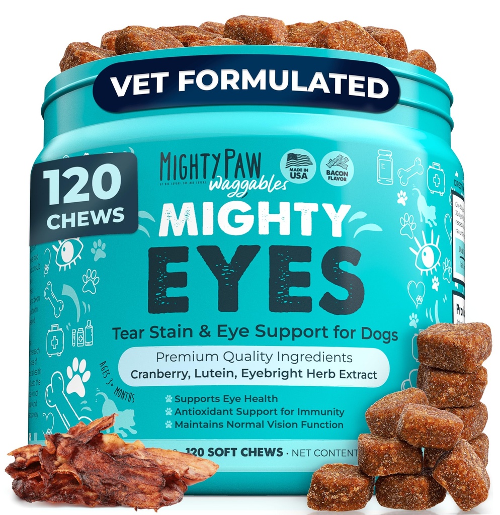 Mighty Paw Waggables Eyes (Made i USA) | Tear Stain Chews for hunder. Visjon og Tear Stain støtte kosttilskudd for hunder. Lutein Supplement. Lubricates øyne, immunstøtte (120 Ct)