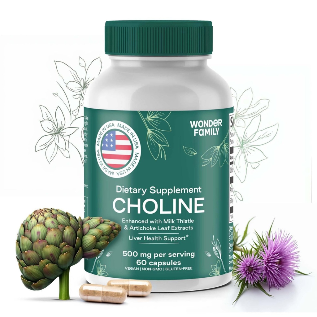 Choline Bitartrate 500MG - Premium Choline Supplements - Liver Support Supplement & Gallerblåser Kosttilskudd - Colina Supplemento 500 mg Orgánica - Brain vitamin for minne og fokus - 60 Choline Caps