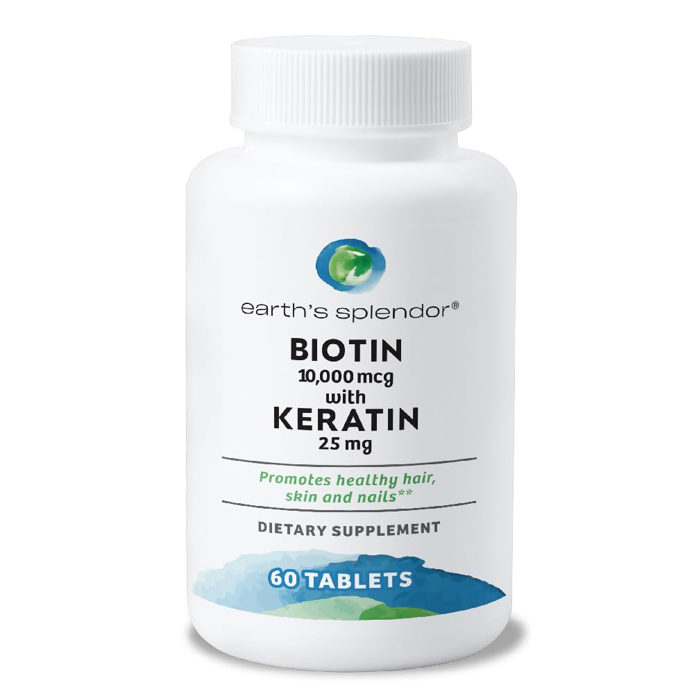 Jordens Splendor Biotin 10.000 mg + Keratin 25mg, fremmer sunn hår, sterk negler og hudstøtte, 60-dagers forsyning