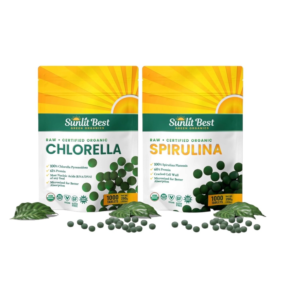 Sunlit Best Premium Chlorella & Spirulina 1000 Count Tablet Bundle | for immunstøtte, energi, velvære
