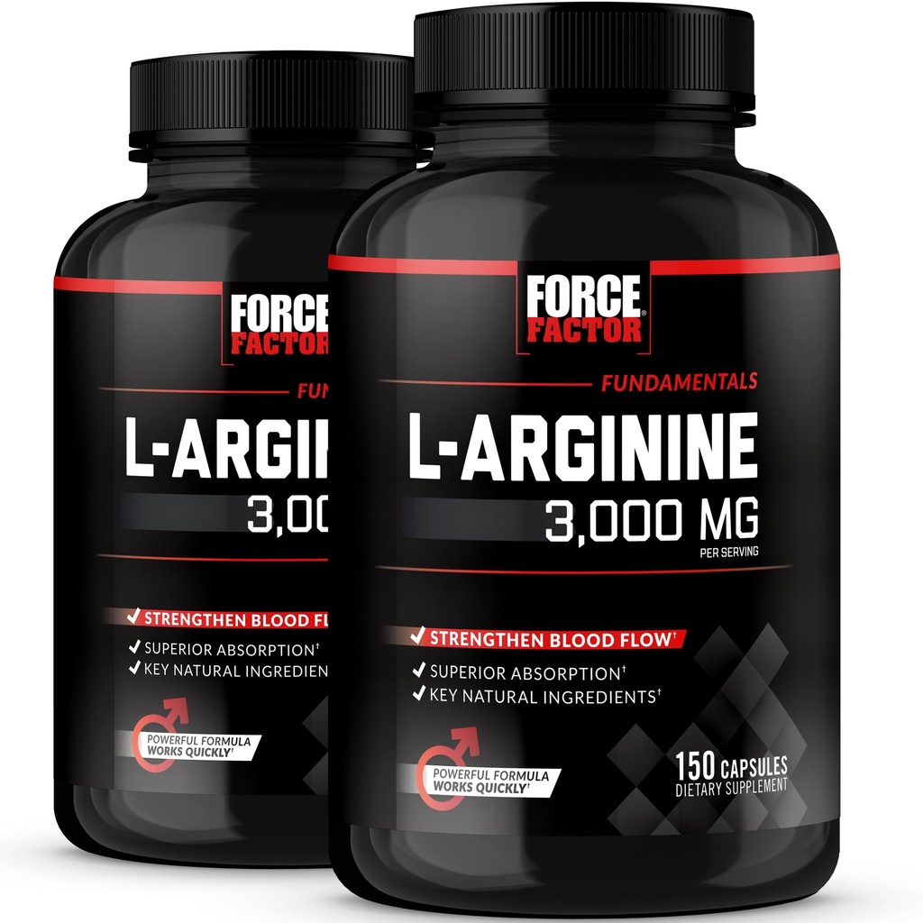 Force Factor L-Arginin, Nitric Oxid Supplement med BioPerine å bidra til å bygge muskler og støtte sterkere blodstrøm, sirkulasjon, næringsstoffer, og pumper, L-Arginine 3000mg, 150 greve (Pack of 2)
