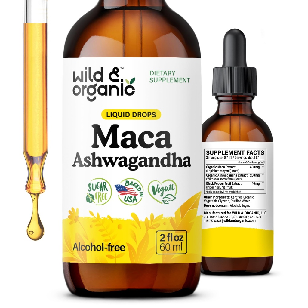 Wild & Organic Maca Ashwagandha Dropper for menn og kvinner - Peruansk Maca Root og Ashwagandha Tinktur for total støtte - Vegansk, Sukker og alkoholfri ekstrakt Supplement - 2 fl oz