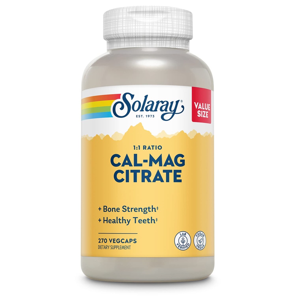 Solaray Kalsium Magnesium Citrat 1000mg 1:1 Forhold, Beinstyrke Supplement, Muskel, Nerve og Bein Helse Støtte, Chelated for høy absorpsjon, 60-dagers garanti, 45 Services, 270 Vegkaps