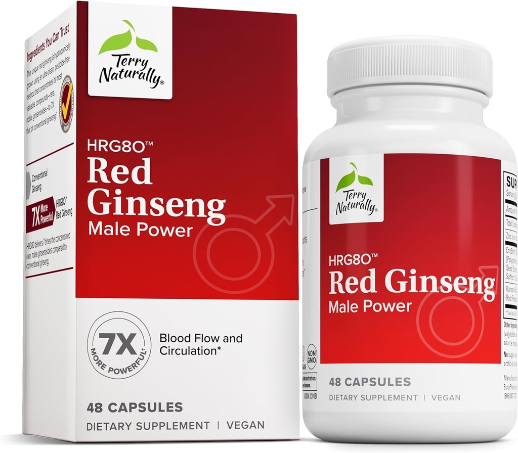 Terry Naturally HRG80 Rød Ginseng Mannlig makt - blodsirkulasjon og utholdenhetsstøtte Supplement - Diett Supplement med Ginseng & sink - Herbal Supplement for energistøtte - 48 Kapsler