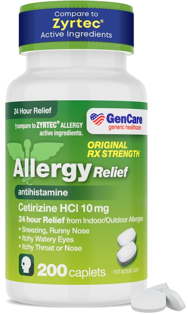 GenCare - Cetirizine HCL 10 mg (200 Caplets) - 24 timers Allergy Relief piller - Ikke Drowsy Generic OTC Allergy Medisin - Antihistamin medisin for Sneezing, Runny Nese & Itchy Eyes - Generisk Zyrtec