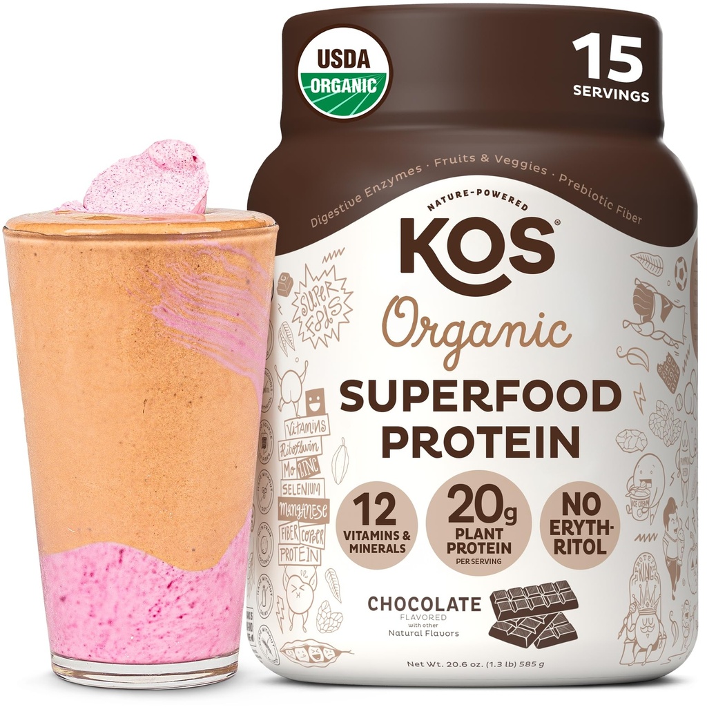 KOS Plante Basert Protein pulver, sjokolade USDA Økologisk - Lavkarbohydratblanding, Vegansk Supermat med vitaminer og mineraler - Keto, soya, myk gratis - Måltid Utskiftning for kvinner og menn - 15 Serveringer