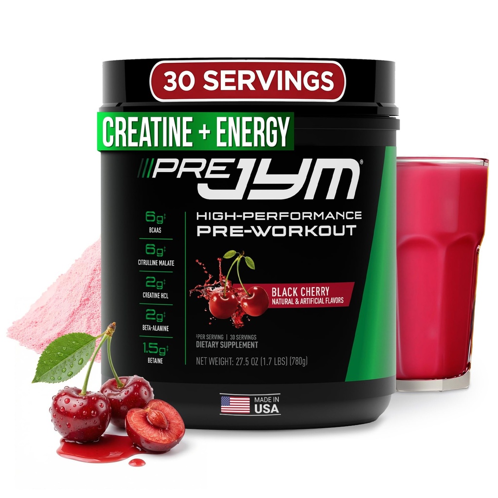 JYM Supplement Science Pre JYM Svart Cherry pre trening pulver for menn og kvinner, BCAA, Nootropics, Kreatin HCI, Citrullin, Beta-Alanin, Betain, Taurin, Huperzine, 30 Services