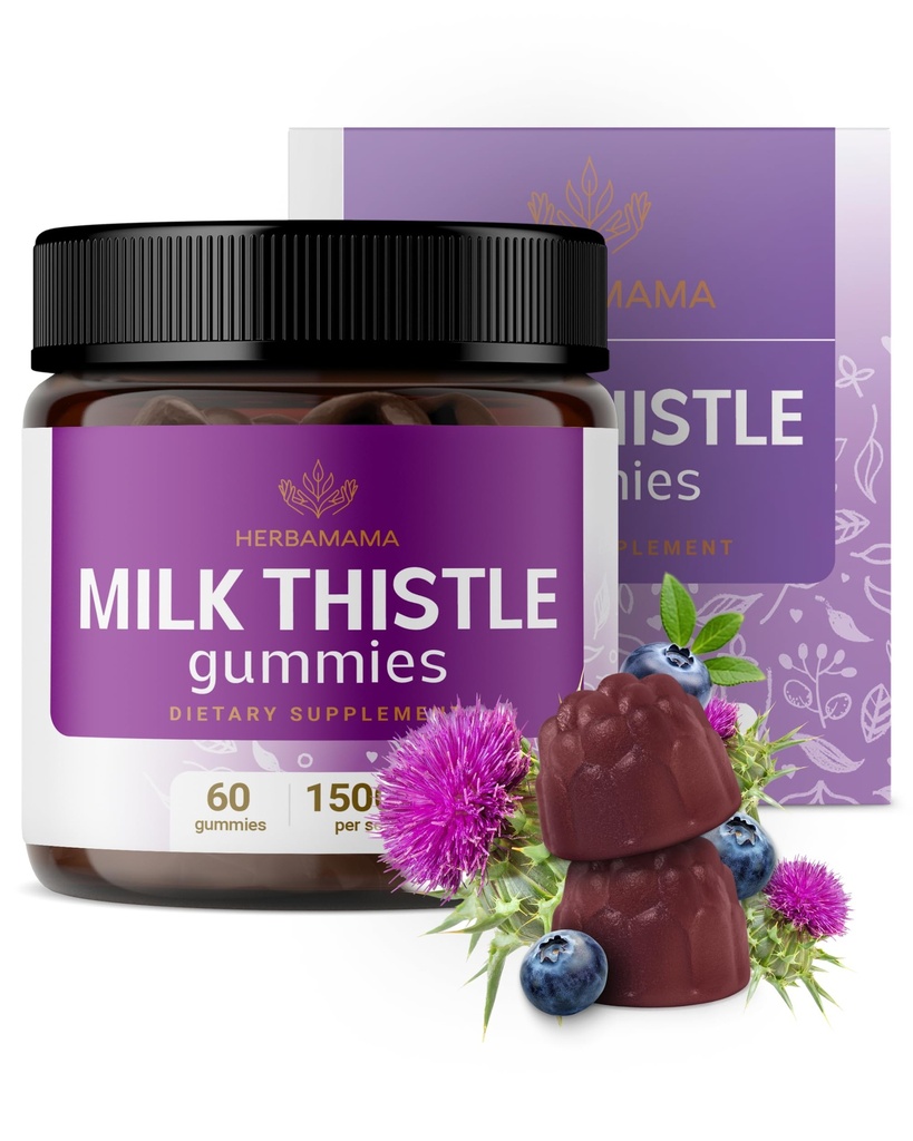 HERBAMAMA Melk Thistle Supplement - 1500mg Melk Thistle Seed Gummies for Liver Cleanse - Vegansk, ikke-GMO Liver Support med Silybum Marianum - 60 Pectin-basert Blåbær-Flavored Chews