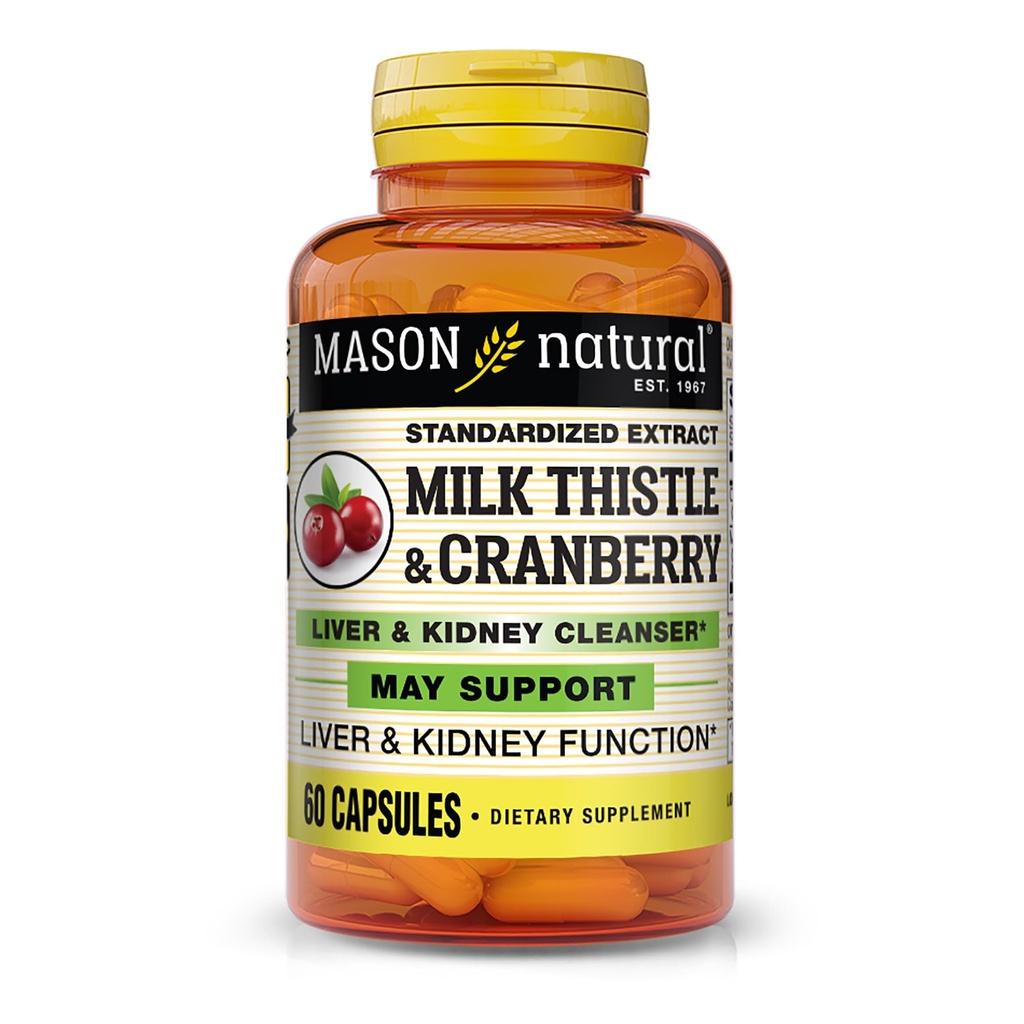 MASON NATURAL Melk Thistle / Cranberry Liver & Nyre Cleanser - støtter sunn lever og nyrefunksjon, rengjøring og detox, 60 kapsler