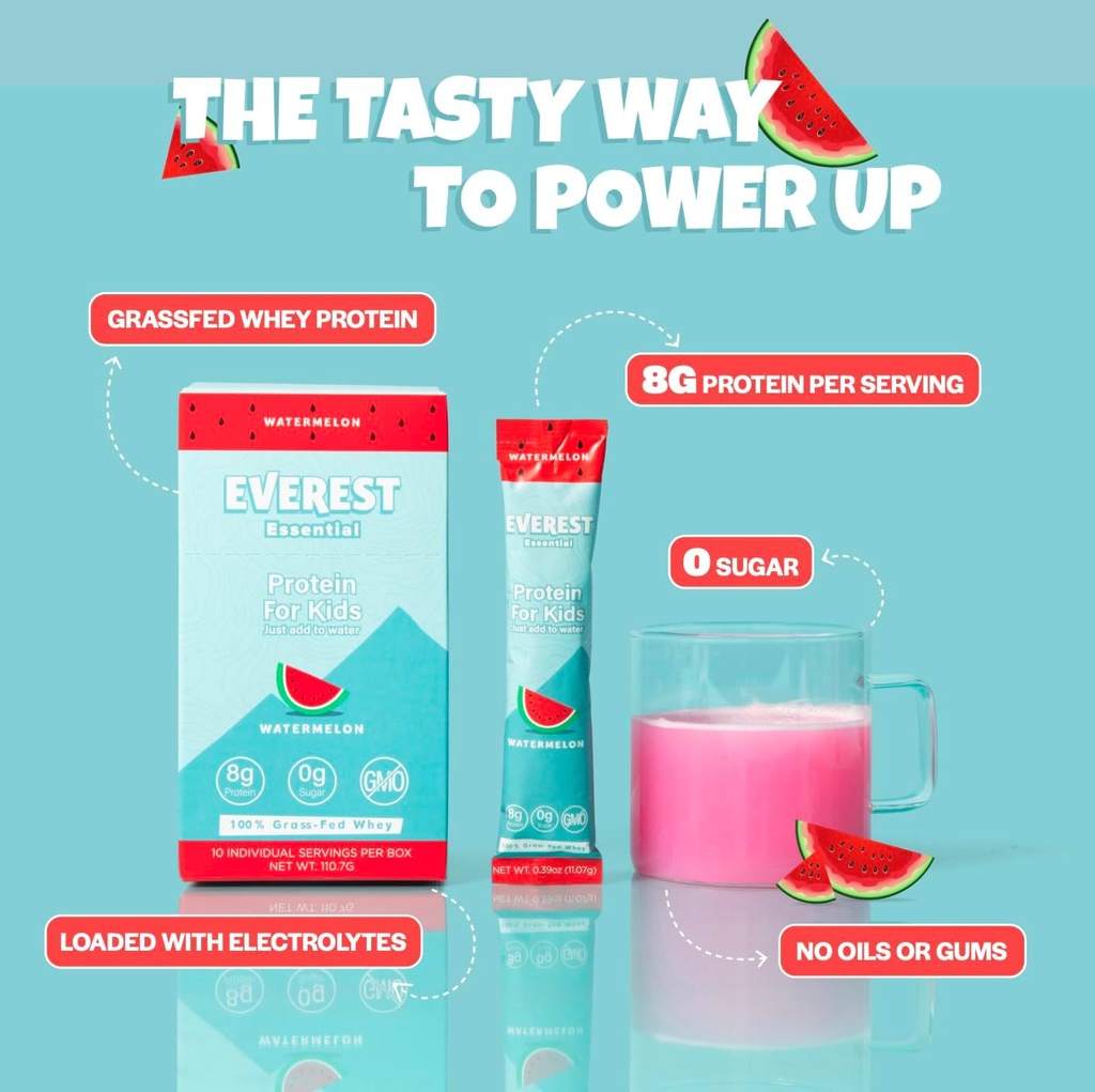 Everest Essential, Kid's Clear Whey Protein Powder (Watermelon, 10 Packets) Protein Drink Mix for barn, Electrolytes for barn, 8g Protein Per Serving, Ikke GMO, Zero tilsatt sukker