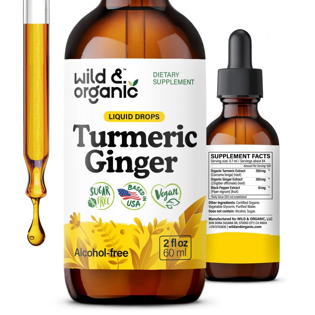 Wild & Organic Turmeric og Ginger Supplement Drops - Joint & Immune Support - Væsketurmer med Ginger og svart pepper ekstrakt - Curcumin Supplement - Vegan, Sukker og alkoholfri tinktur - 2 oz