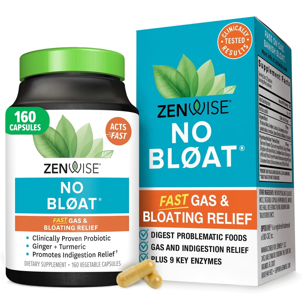 Zenwise Helse Ingen Bloat Digestive Enzymer for Gut Helse, Gas & Bloating Relief - Multi Enzymes Digestion Supplement med Probiotika, Ginger, Turmeric Dandelion & Lactase - Menn & kvinner - 160 Telling