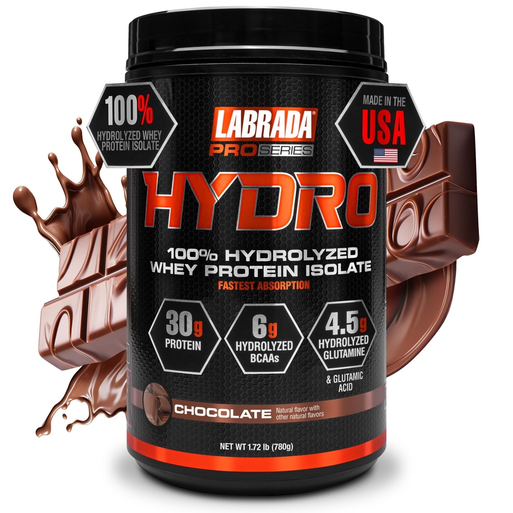 Labrada Hydro 100% ren Hydrolysert Whey Protein Isolere pulver, Laktosefri, Fasteste Digesting, Øyeblikklig blanding, Delicious Smak 20 Serveringer (Chokolate)