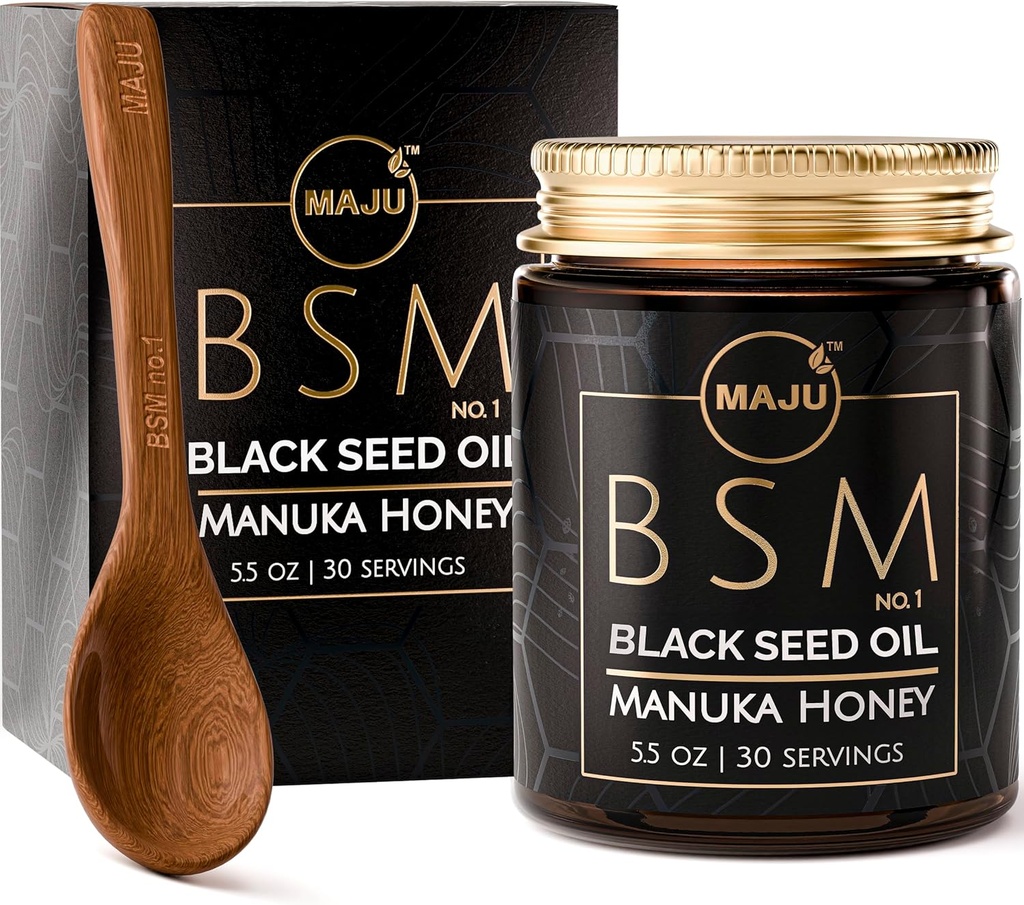 MAJUs 3-i-1 svart frøolje, manuka honning og frø (tradisjonell stil) BSM nr. 1, søt & krukke herbal blanding, nikkella sativa olje og frø, upasteurisert og rå Monofloral Manuka Honning New Zealand