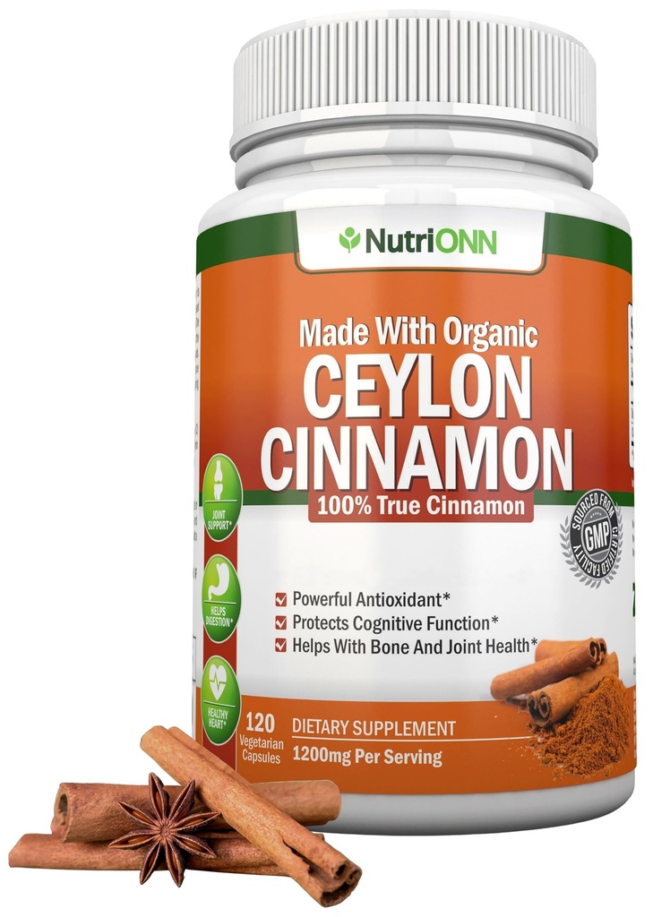 Organisk Ceylon Cinnamon 1200 mg | 120 Vegan Kapsler | True Cinnamomum verum fra Sri Lanka | Ikke-GMO, tredjeparts Lab testet, lav koumarin, GMP Certifisert
