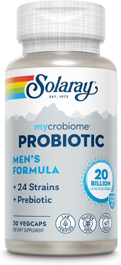 SOLARAY Mycrobiome Probiotic Mens Formula, Probiotika for menn, Gut Helse, Digestion, Immunfunksjon og mer, 20 milliarder CFU Mens Probiotic, 24 Strains Plus Prebiotic, 30 Services, 30 Vegkaps