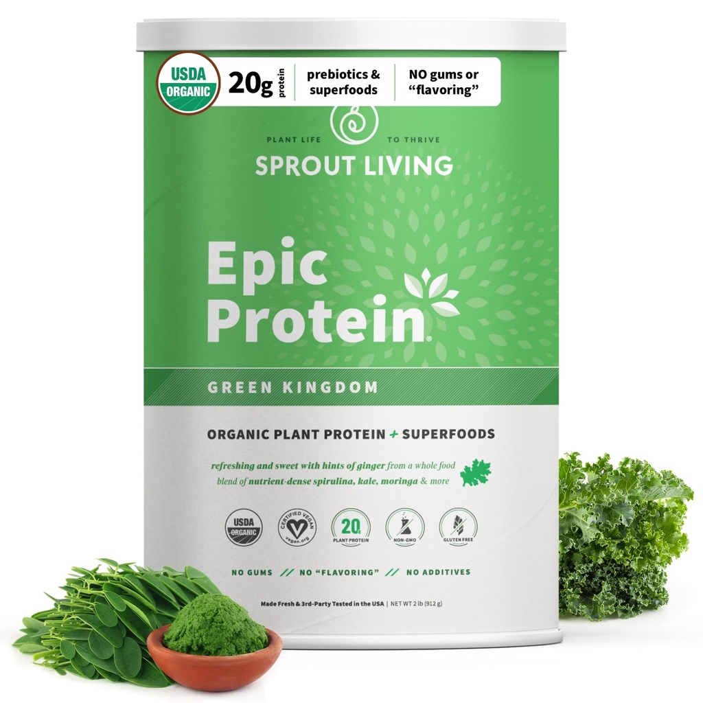 Sprout Living Epic Protein, Plant Basert Protein & Superfoods Powder, Grønn rike | 20 Grams Organic Protein Powder, Grønn, Vegansk, Ikke-GMO, Glutenfri, Lav Sukker (2 pund, 24 Serveringer)