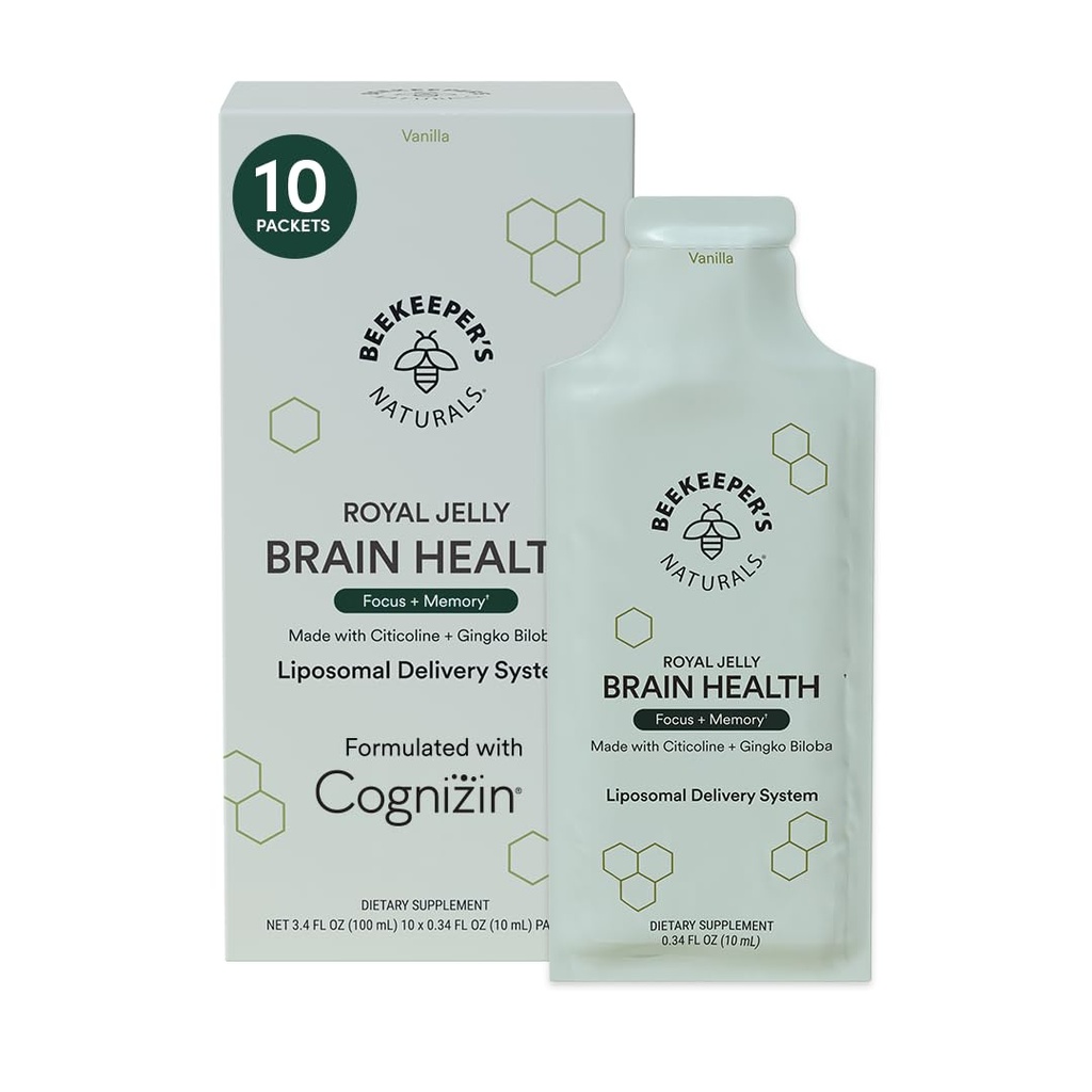 Nootropic Brain supplement av Beekeeper's Naturals, 500 mg Citocolin, Ginkgo Biloba, Bacopa Monnieri & Royal Jelly, støtter fokus og minne, lettere absorpsjon, pluss en Tasty Vanilla Flavor, 10ct