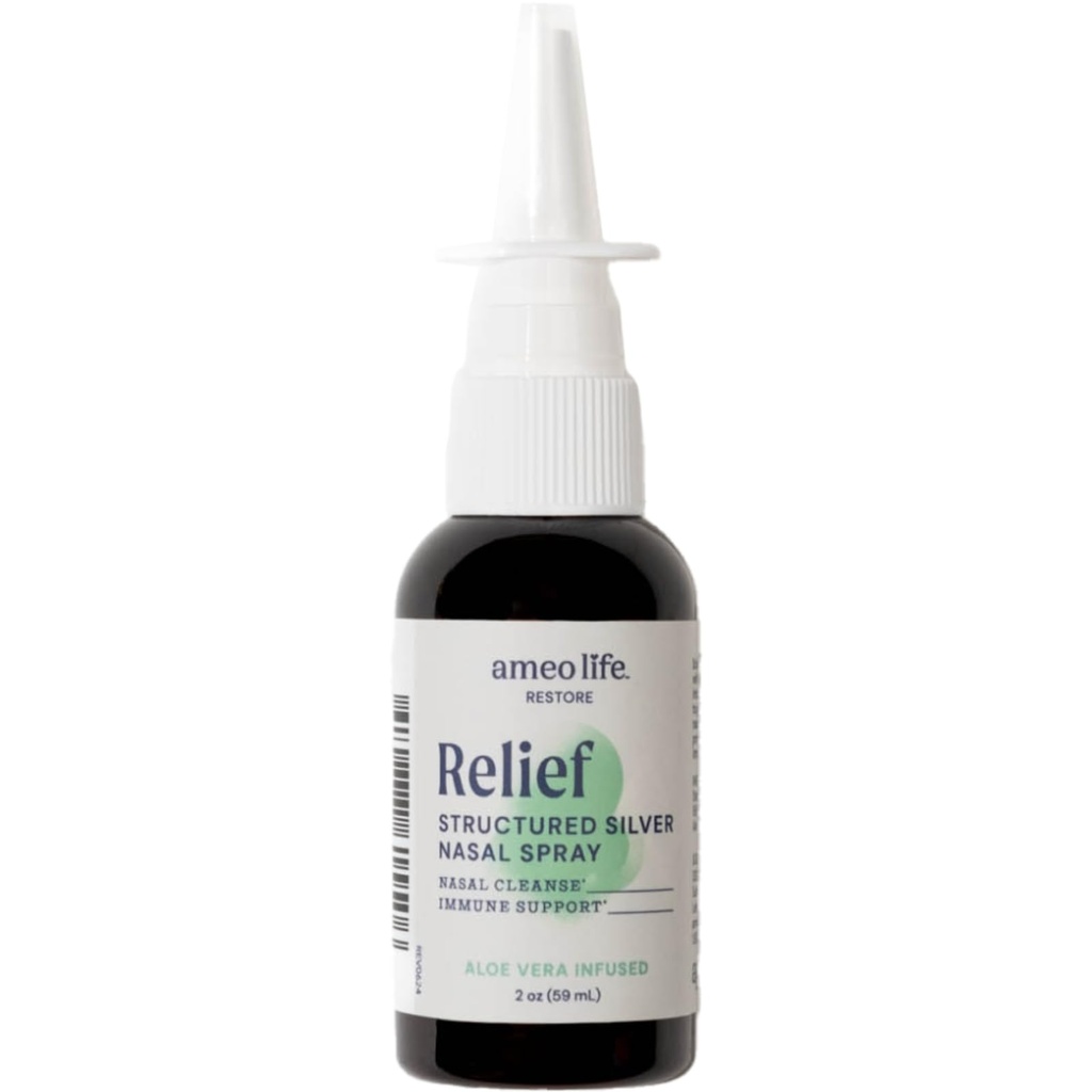 Ameo Life Aloe-infisert kolloidal sølv Nasal Spray 24 PPM - Nose Spray med naturlige ingredienser for beroligende lindring av Nasal Congestion, Sinus Congestion, Mucus, & Irritation - til daglig bruk (2 oz)