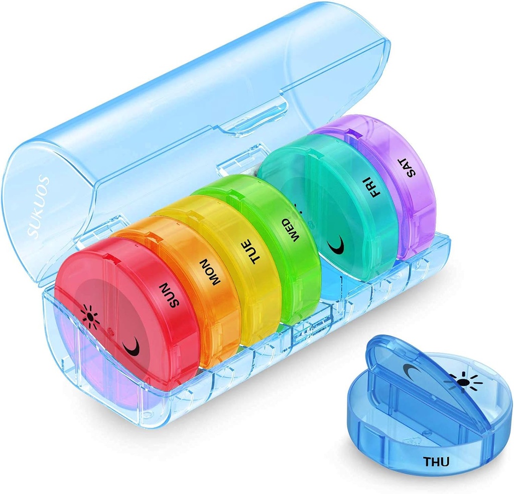 Sukuos Large Weekly Pille Organizer 2 ganger om dagen, Daglig pille Box 7 dager lett å åpne med dobbel beskyttelse, AM Pille tilfelle for medisin/vitamin/fish olje/supplements (blå)