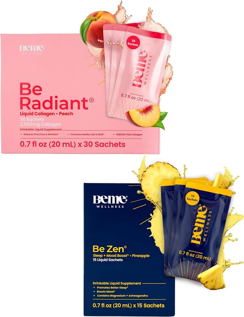 BeMe BeRadiant Peach & BeZen Bundle - Væske kollagen & Magnesium Glycinate L-Theanine kosttilskudd