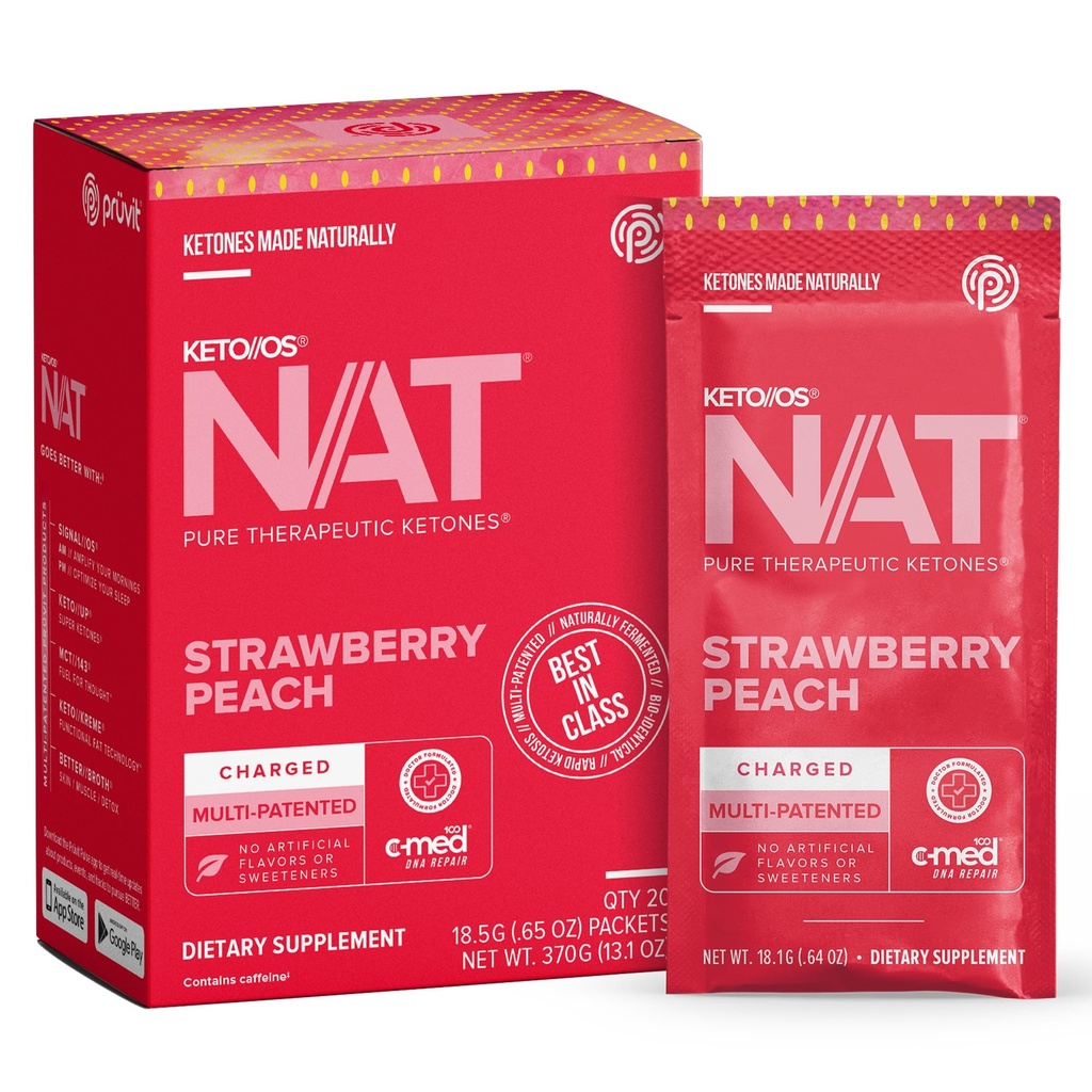 Pruvit - Keto//OS NAT - Strawberry Peach Charged Drink Mix med C-Med 100, L-Taurin, vitaminer B6 & B12, Ketone Supplement - 18.5g