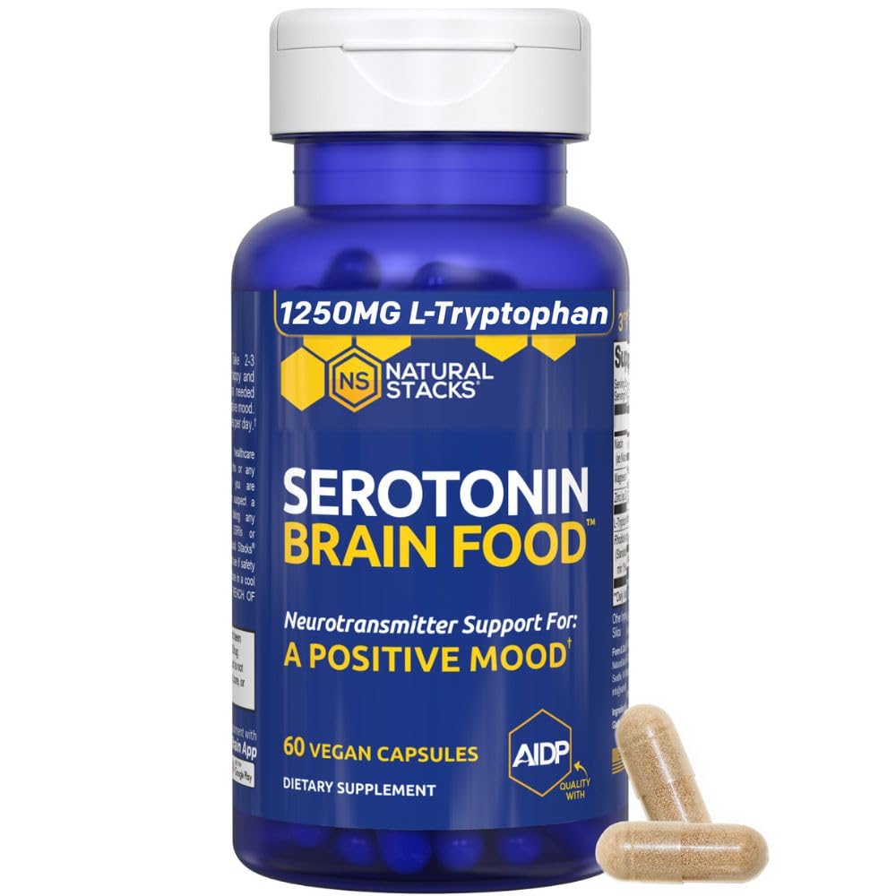 Serotonin Brain Food - 1250mg L-tryptofan & 400mg Rhodiola Rosea Supplement - Mood Support Supplement for stress relief - Neurotransmitter Støtte med magnesiumglycinat & sink - 60 kapsler