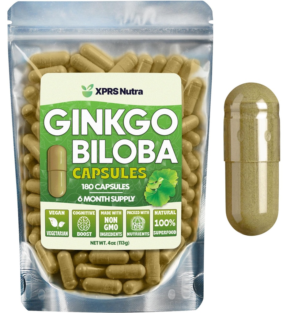 XPRS Nutra Ginkgo Biloba Kapsler - Gingko Biloba Innkapslede Kosttilskudd for Kognisjon - Vegansk Vennlig Ginkoba Biloba - Immunitetsforsterkning Ginkgo Biloba Kapsler - 180 greve